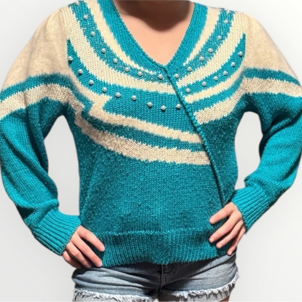 Vintage 80’s Lauren Cole Angora Sweater Size Small Petite Turquoise White Pearls